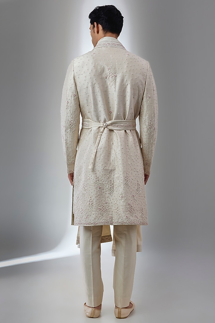 Gold Raw Silk Thread Hand Embroidered Groom Sherwani Set by SALIL BHATIA at Pernia's Pop Up Shop