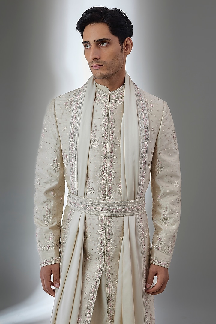 Gold Raw Silk Thread Hand Embroidered Groom Sherwani Set by SALIL BHATIA at Pernia's Pop Up Shop