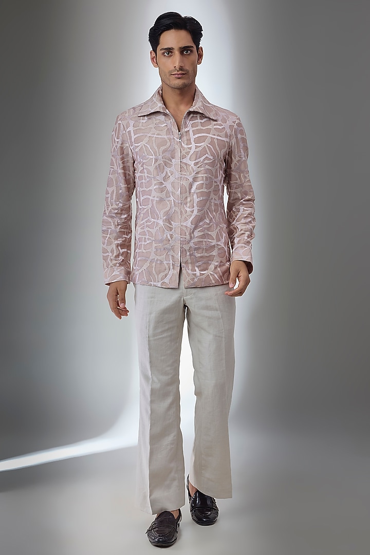 Dusty Pink Silk Chanderi Embellished Shacket Set by SALIL BHATIA at Pernia's Pop Up Shop