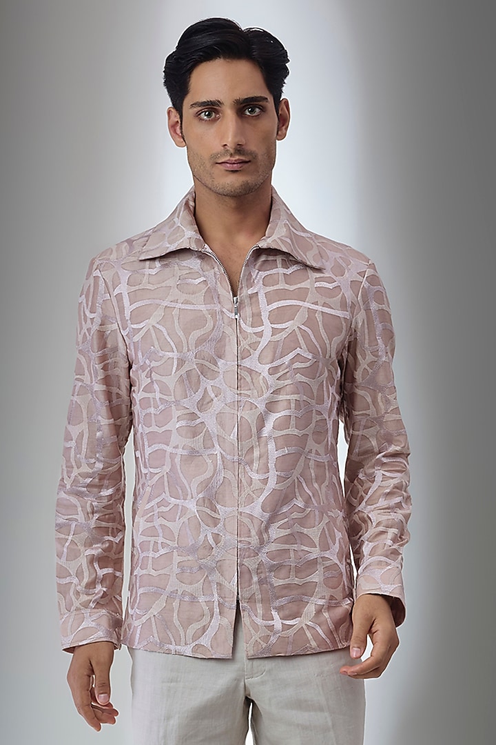 Dusty Pink Silk Chanderi Embellished Shacket Set by SALIL BHATIA at Pernia's Pop Up Shop