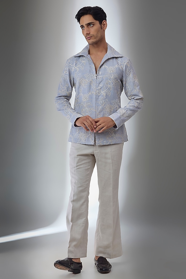 Ice Blue Cotton Linen Cutdana Embellished Shacket Set by SALIL BHATIA at Pernia's Pop Up Shop