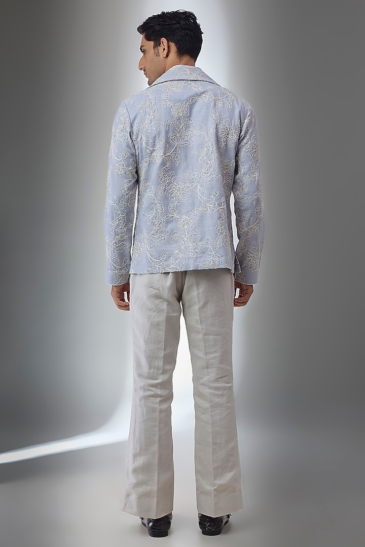 Ice Blue Cotton Linen Cutdana Embellished Shacket Set by SALIL BHATIA at Pernia's Pop Up Shop