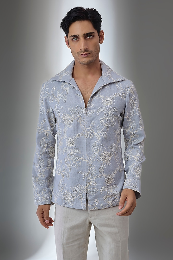 Ice Blue Cotton Linen Cutdana Embellished Shacket Set by SALIL BHATIA at Pernia's Pop Up Shop