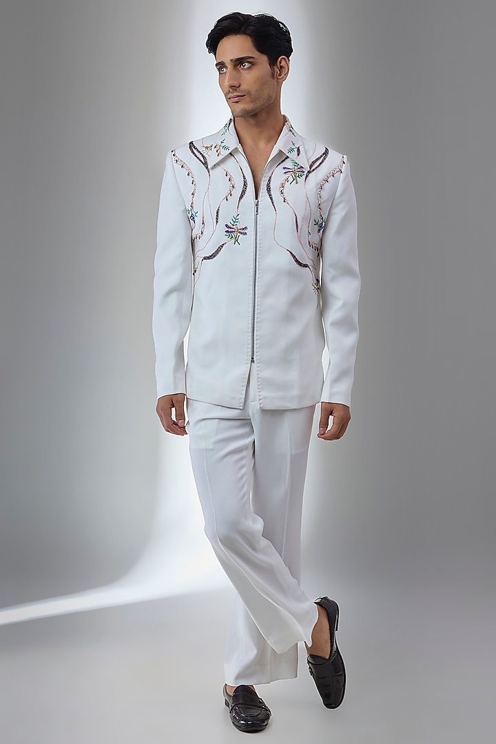 Ivory Japanese Fabric Hand Embroidered Shacket Set by SALIL BHATIA at Pernia's Pop Up Shop