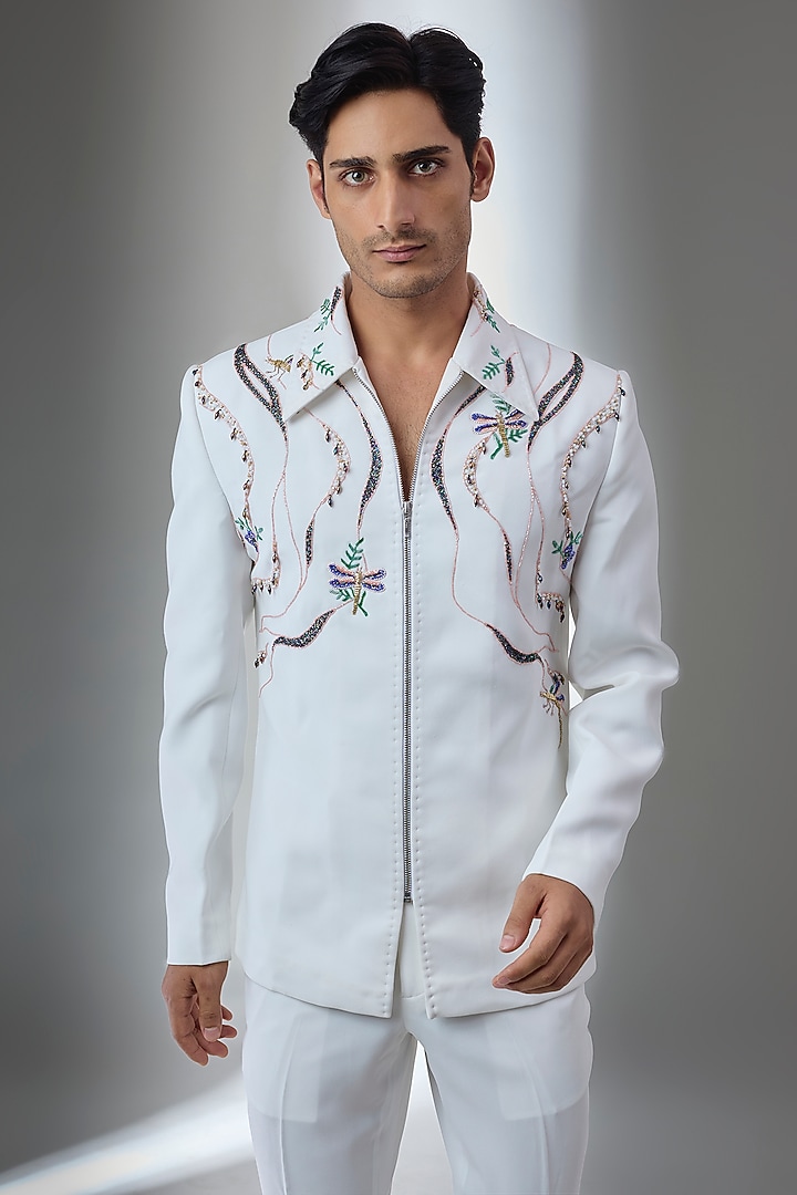 Ivory Japanese Fabric Hand Embroidered Shacket Set by SALIL BHATIA at Pernia's Pop Up Shop