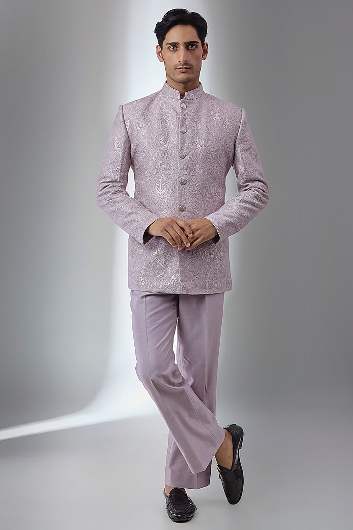 Dusty Mauve Dola Silk Zari Embellished Wedding Bandhgala Set by SALIL BHATIA at Pernia's Pop Up Shop