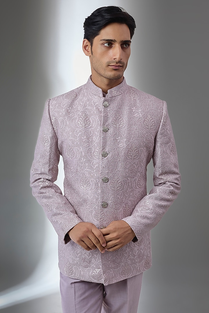 Dusty Mauve Dola Silk Zari Embellished Wedding Bandhgala Set by SALIL BHATIA at Pernia's Pop Up Shop