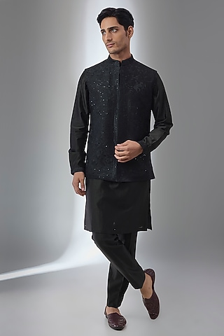 Dark Green Dola Silk Zari Embellished Nehru Jacket Set by salil bhatia