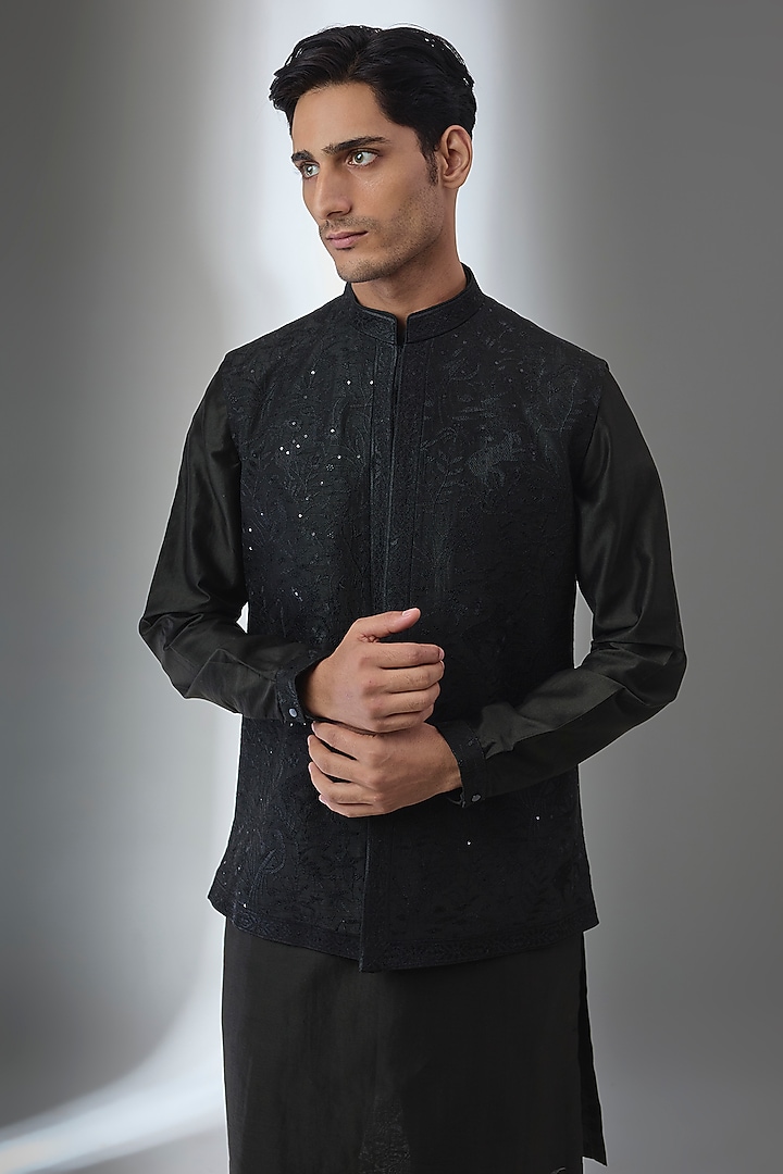 Dark Green Dola Silk Zari Embellished Nehru Jacket Set by SALIL BHATIA at Pernia's Pop Up Shop