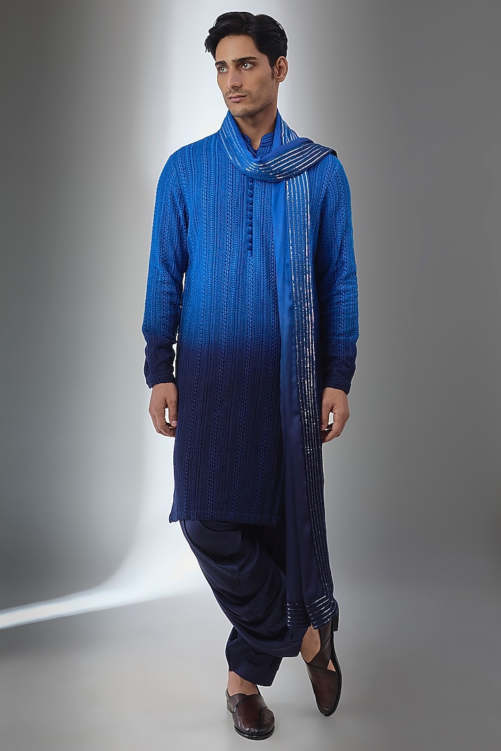 Blue Georgette Threadwork Ombre Kurta Set by SALIL BHATIA at Pernia's Pop Up Shop