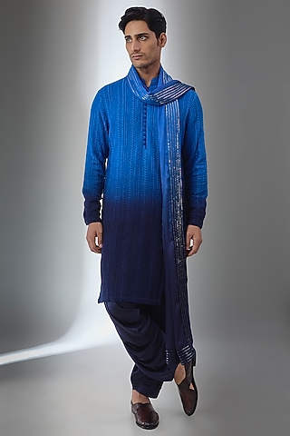 Blue Georgette Threadwork Ombre Kurta Set by salil bhatia