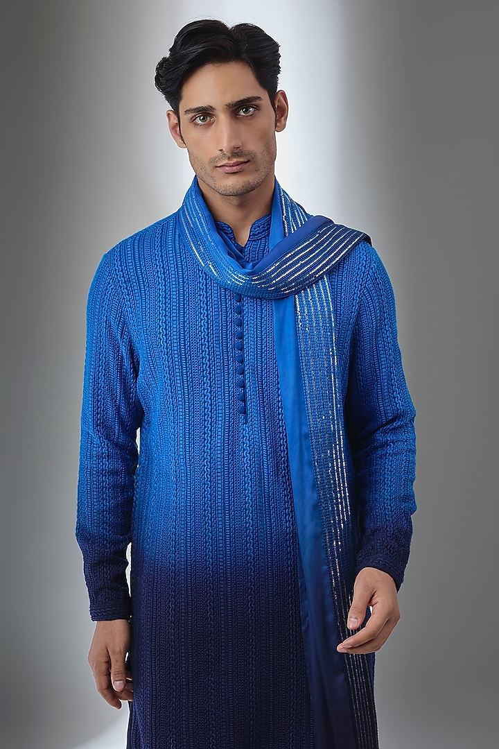 Blue Georgette Threadwork Ombre Kurta Set by SALIL BHATIA at Pernia's Pop Up Shop