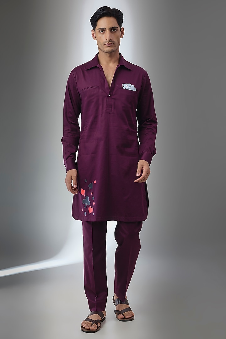 Wine Pure Giza Cotton Pathani Kurta Set by SALIL BHATIA at Pernia's Pop Up Shop