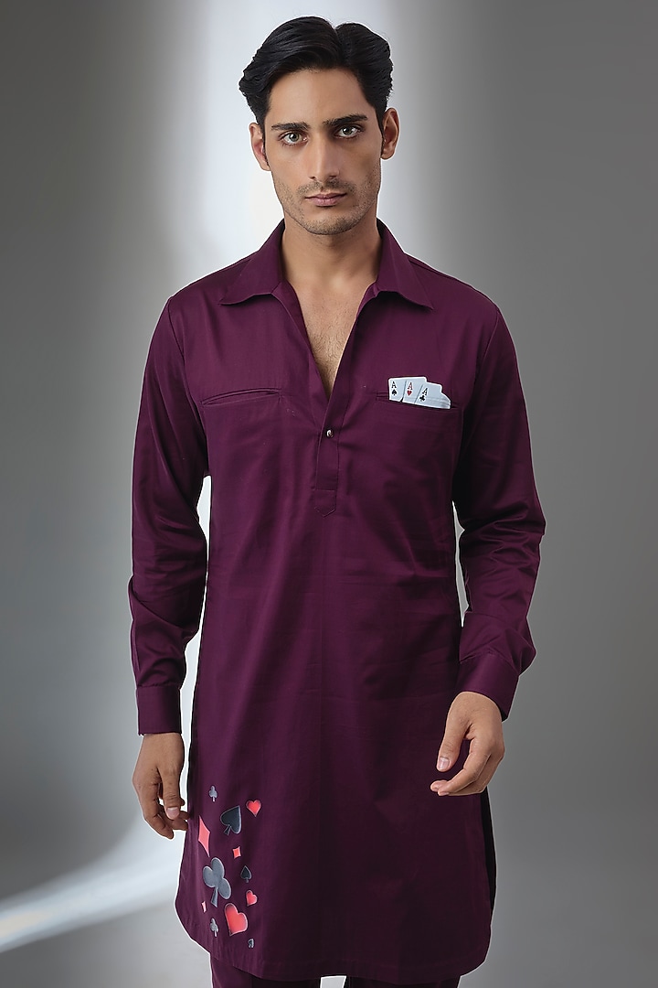 Wine Pure Giza Cotton Pathani Kurta Set by SALIL BHATIA at Pernia's Pop Up Shop