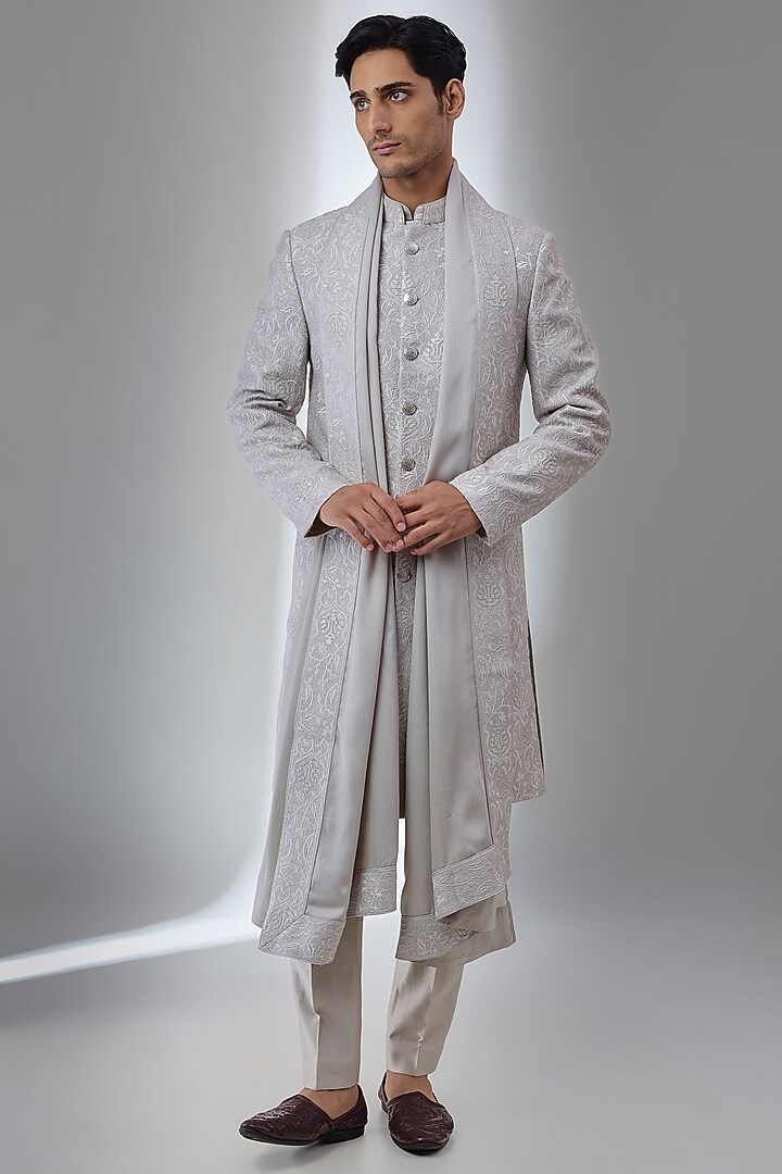 Gold Dola Silk Thread Embellished Groom Sherwani Set by SALIL BHATIA at Pernia's Pop Up Shop