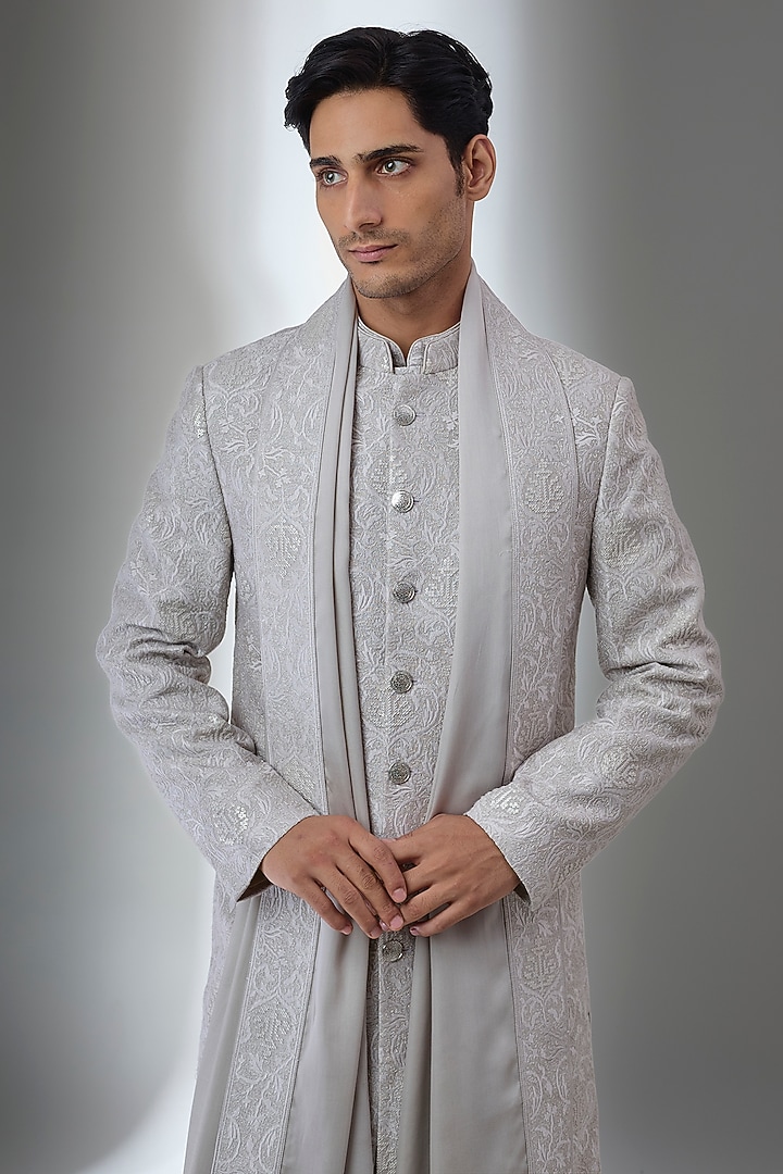 Gold Dola Silk Thread Embellished Groom Sherwani Set by SALIL BHATIA at Pernia's Pop Up Shop