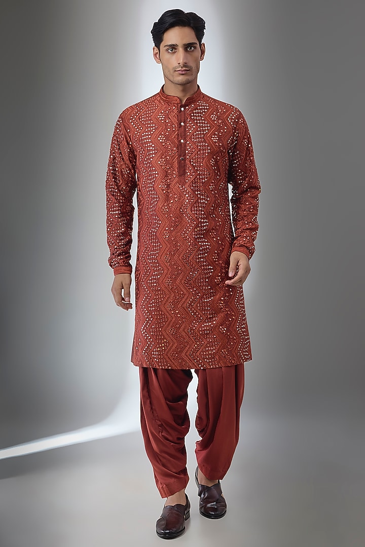 Rust Pure Silk Thread Embroidered Kurta Set by SALIL BHATIA at Pernia's Pop Up Shop