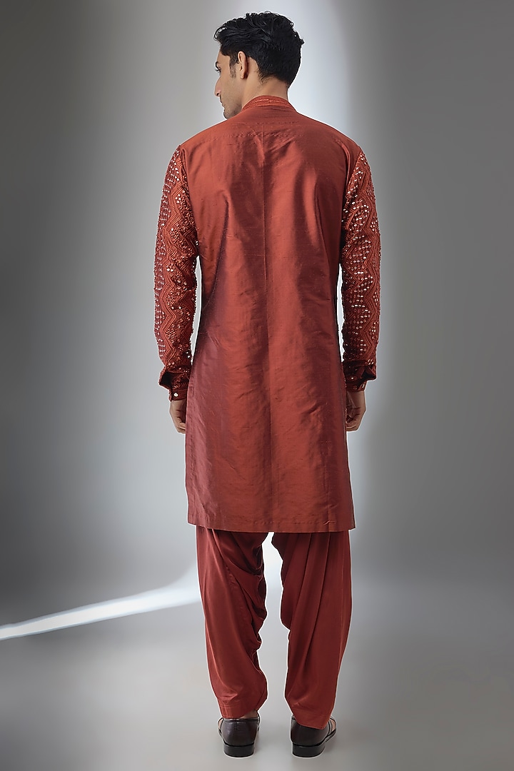 Rust Pure Silk Thread Embroidered Kurta Set by SALIL BHATIA at Pernia's Pop Up Shop