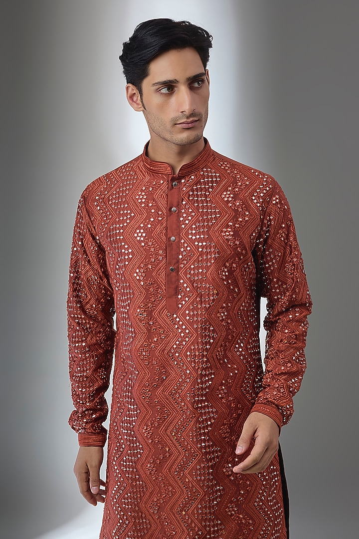 Rust Pure Silk Thread Embroidered Kurta Set by SALIL BHATIA at Pernia's Pop Up Shop