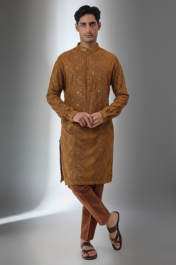 Rust Georgette Thread Embellished Kurta Set by SALIL BHATIA at Pernia's Pop Up Shop