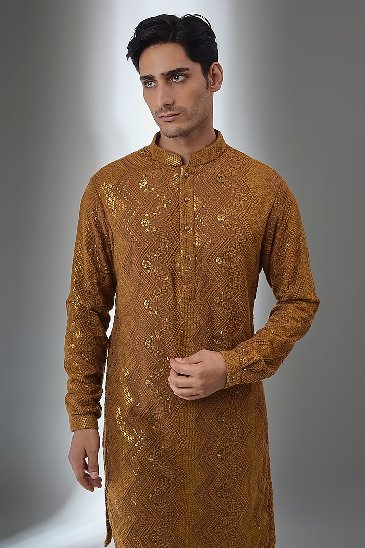 Rust Georgette Thread Embellished Kurta Set by SALIL BHATIA at Pernia's Pop Up Shop