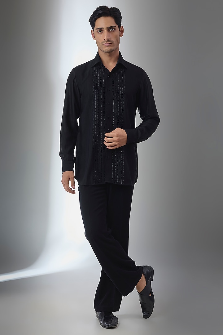 Black Polyester Hand Embroidered Wedding Shirt by SALIL BHATIA at Pernia's Pop Up Shop