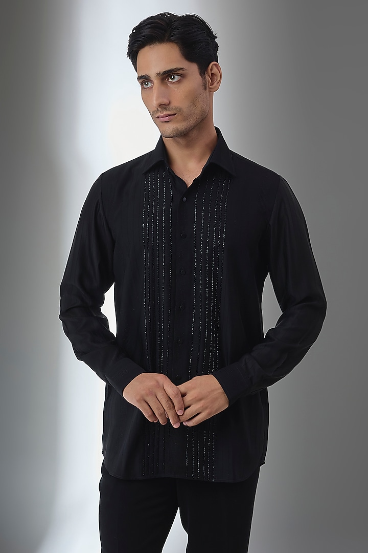 Black Polyester Hand Embroidered Wedding Shirt by SALIL BHATIA at Pernia's Pop Up Shop