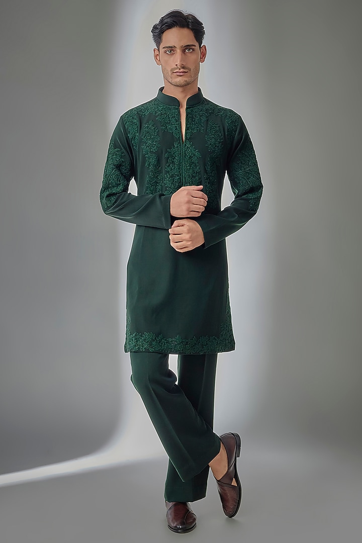Dark Green Japanese Fabric Embroidered Kurta Set by SALIL BHATIA at Pernia's Pop Up Shop