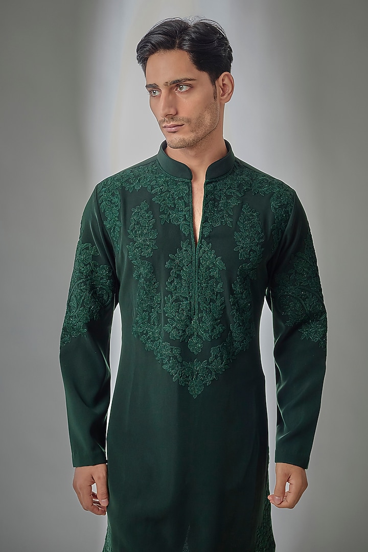 Dark Green Japanese Fabric Embroidered Kurta Set by SALIL BHATIA at Pernia's Pop Up Shop