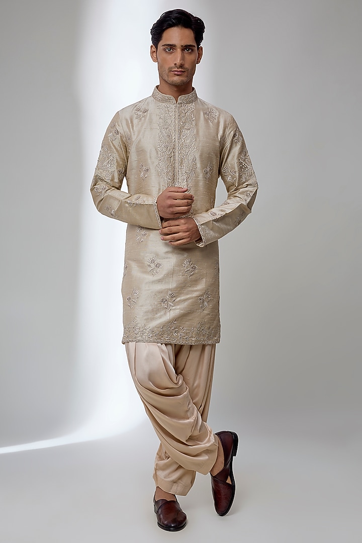 Champagne Pure Raw Silk Hand Embroidered Kurta Set by SALIL BHATIA at Pernia's Pop Up Shop