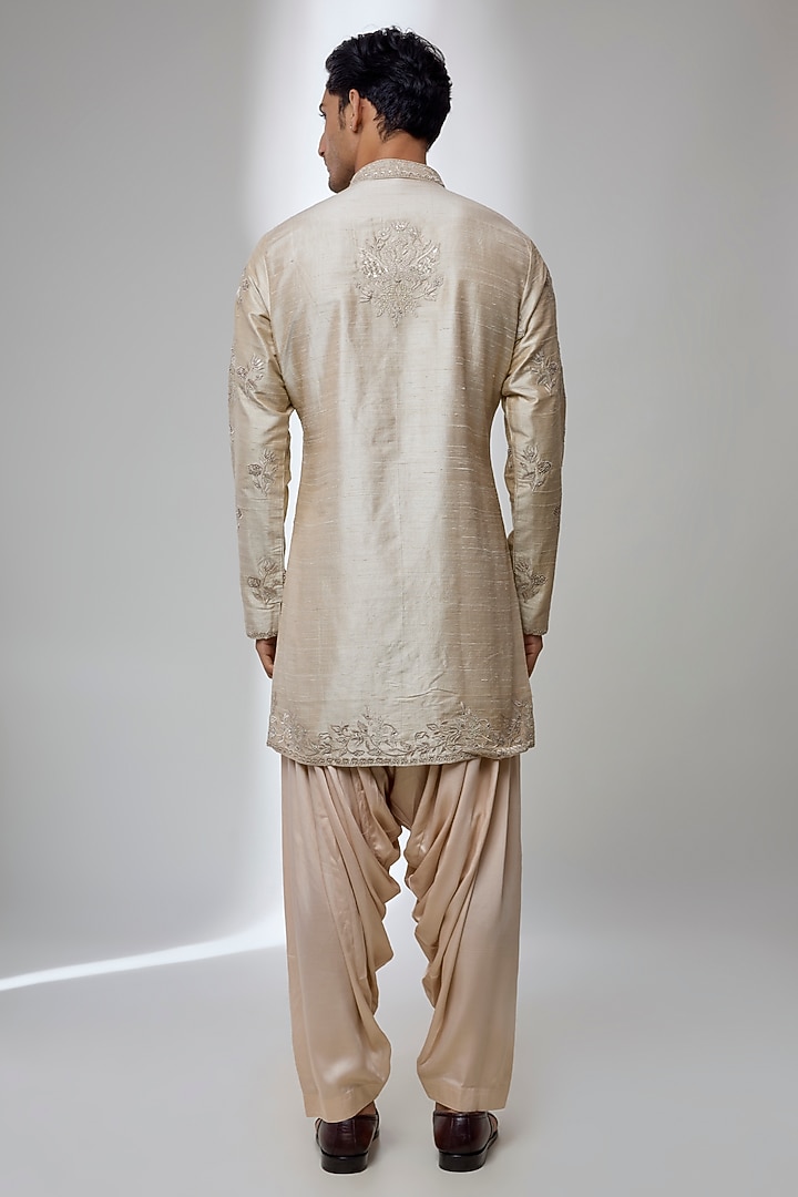 Champagne Pure Raw Silk Hand Embroidered Kurta Set by SALIL BHATIA at Pernia's Pop Up Shop