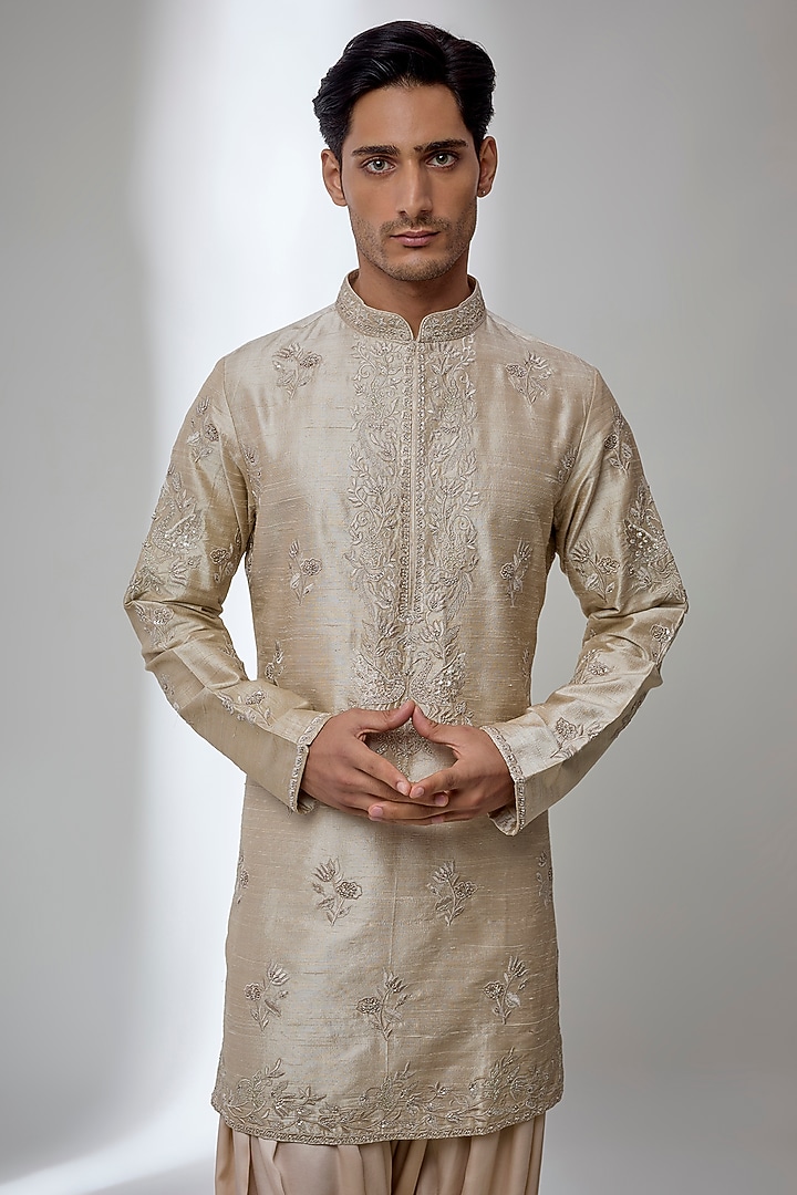 Champagne Pure Raw Silk Hand Embroidered Kurta Set by SALIL BHATIA at Pernia's Pop Up Shop
