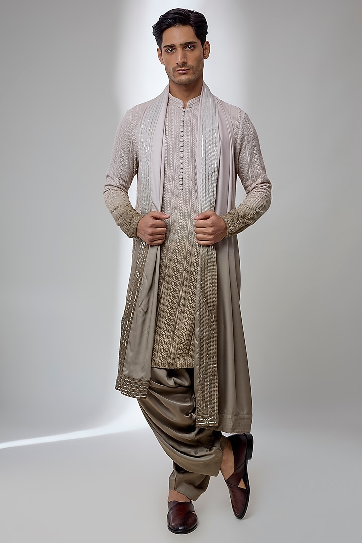 Mint Green-Olive Green Ombre Georgette Embellished Kurta Set by SALIL BHATIA at Pernia's Pop Up Shop
