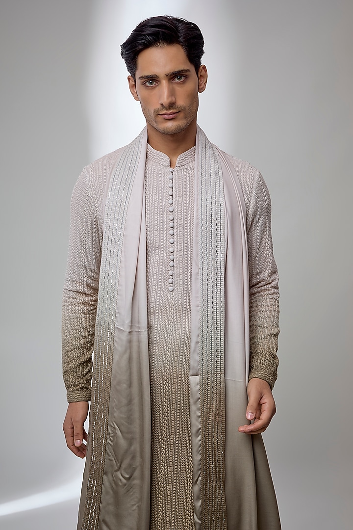 Mint Green-Olive Green Ombre Georgette Embellished Kurta Set by SALIL BHATIA at Pernia's Pop Up Shop