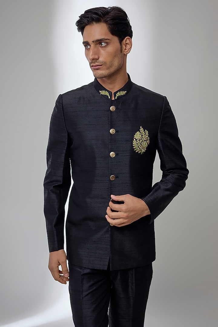 Black Raw Silk Hand Embroidered Wedding Bandhgala by SALIL BHATIA at Pernia's Pop Up Shop