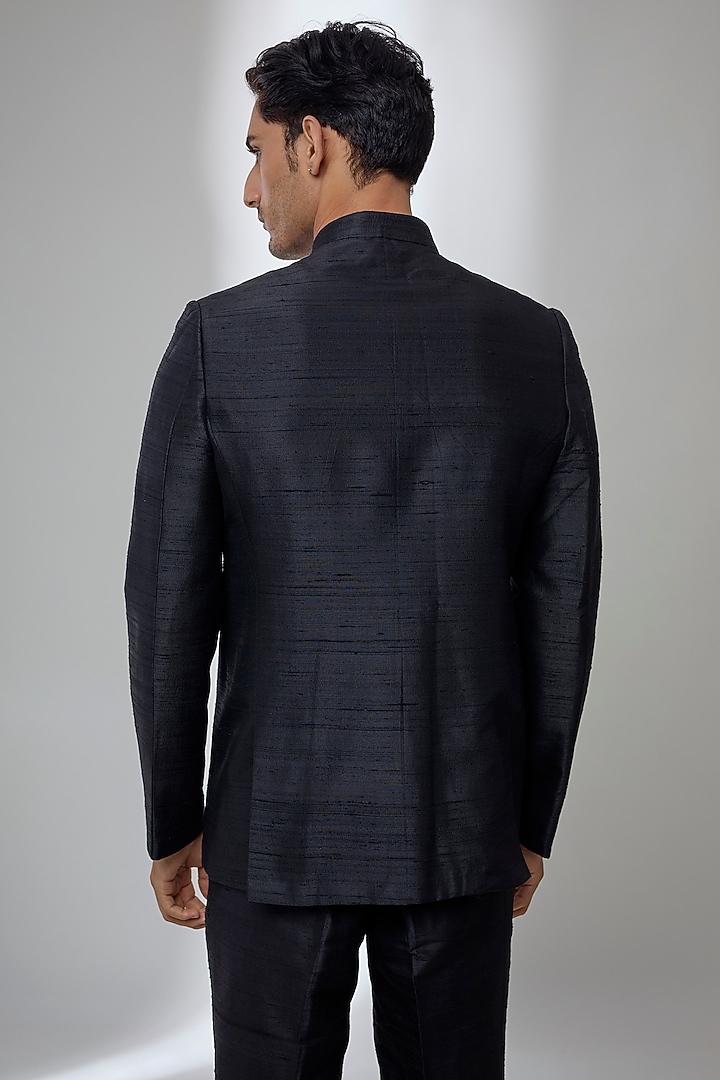 Black Raw Silk Hand Embroidered Wedding Bandhgala by SALIL BHATIA at Pernia's Pop Up Shop