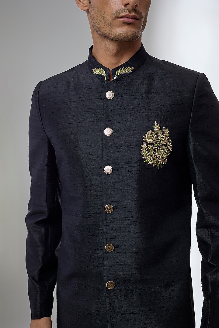 Black Raw Silk Hand Embroidered Wedding Bandhgala by SALIL BHATIA at Pernia's Pop Up Shop