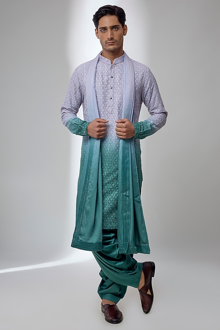 Teal Green Ombre Dola Silk Sequin Embellished Kurta Set by SALIL BHATIA at Pernia's Pop Up Shop