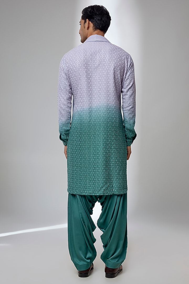 Teal Green Ombre Dola Silk Sequin Embellished Kurta Set by SALIL BHATIA at Pernia's Pop Up Shop