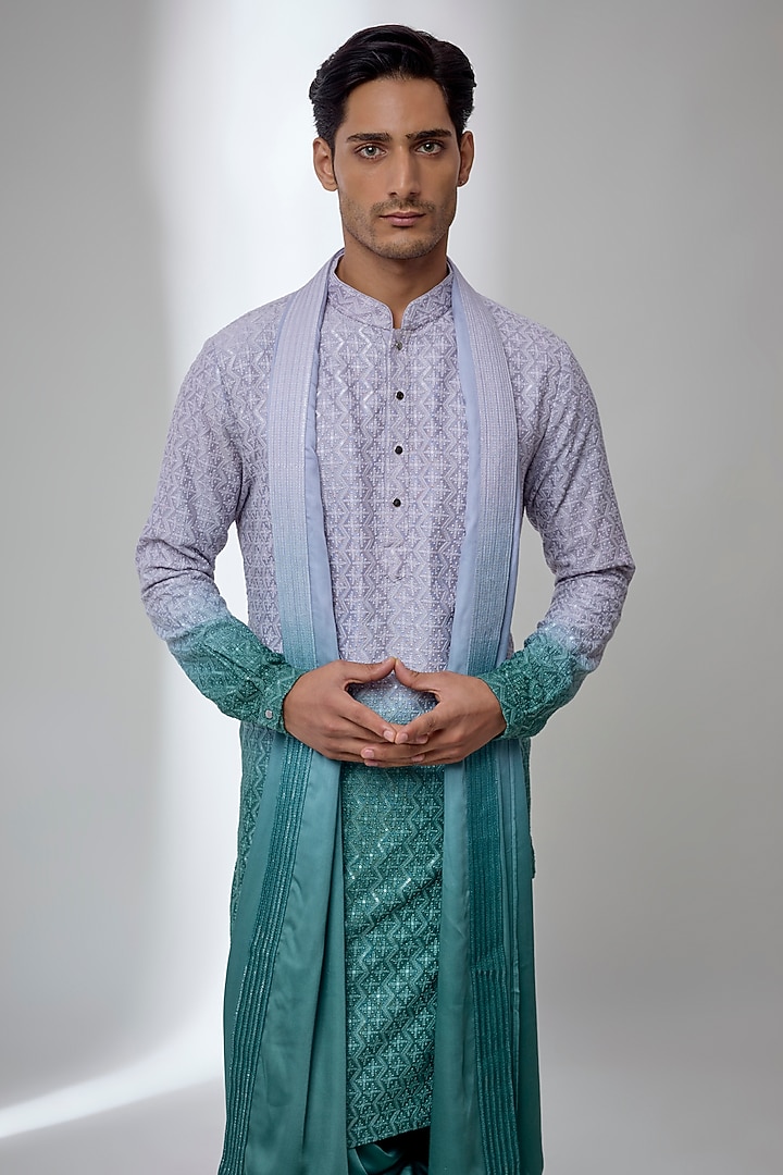 Teal Green Ombre Dola Silk Sequin Embellished Kurta Set by SALIL BHATIA at Pernia's Pop Up Shop