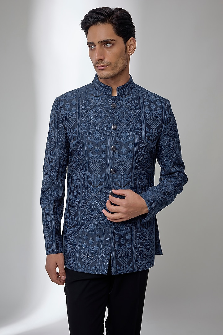 Teal Silk Chanderi Embellished Wedding Bandhgala by SALIL BHATIA at Pernia's Pop Up Shop