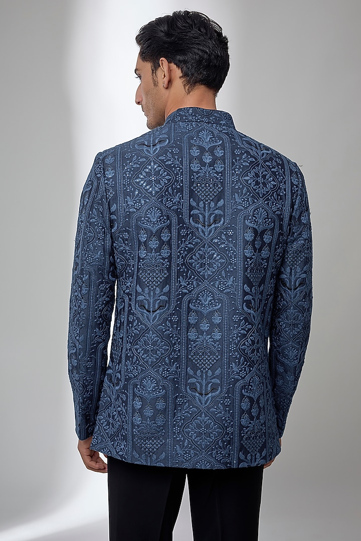 Teal Silk Chanderi Embellished Wedding Bandhgala by SALIL BHATIA at Pernia's Pop Up Shop