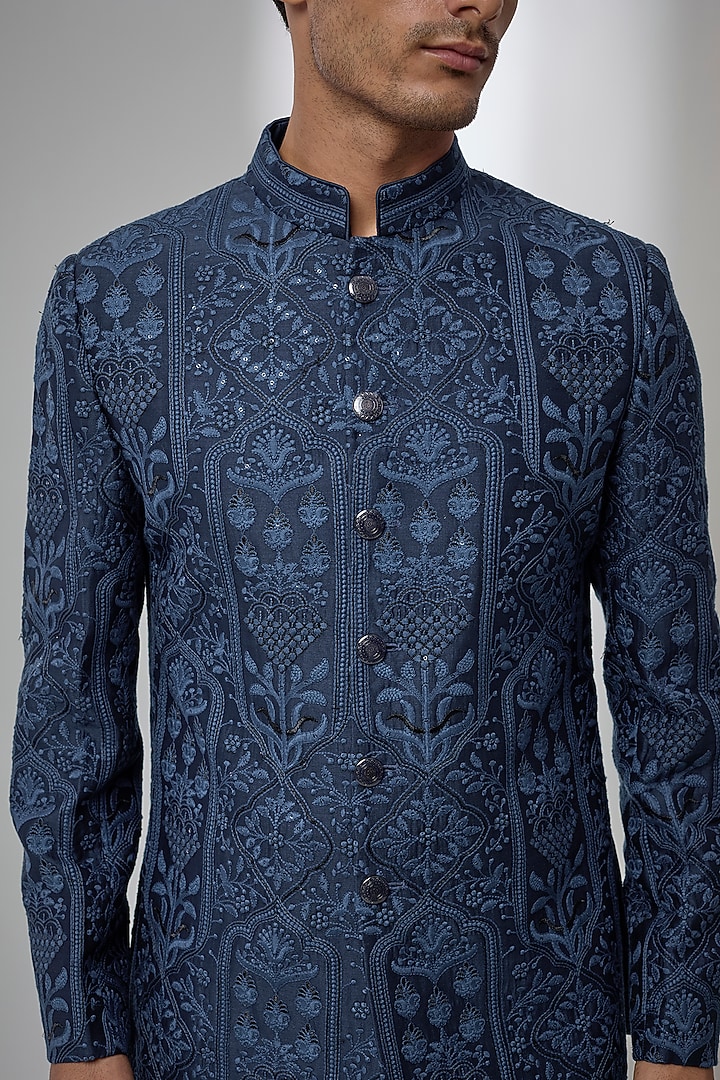 Teal Silk Chanderi Embellished Wedding Bandhgala by SALIL BHATIA at Pernia's Pop Up Shop