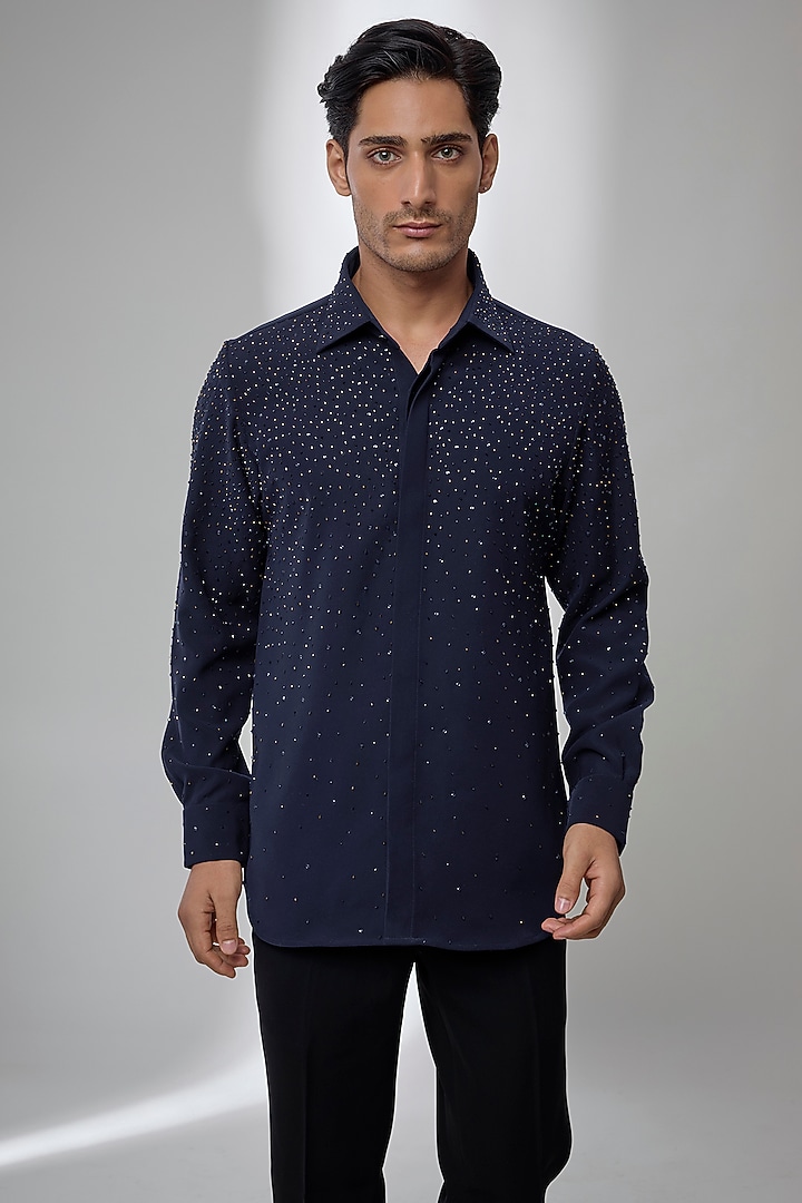 Navy Blue Japanese Fabric Hand Embroidered Wedding Shirt by SALIL BHATIA at Pernia's Pop Up Shop