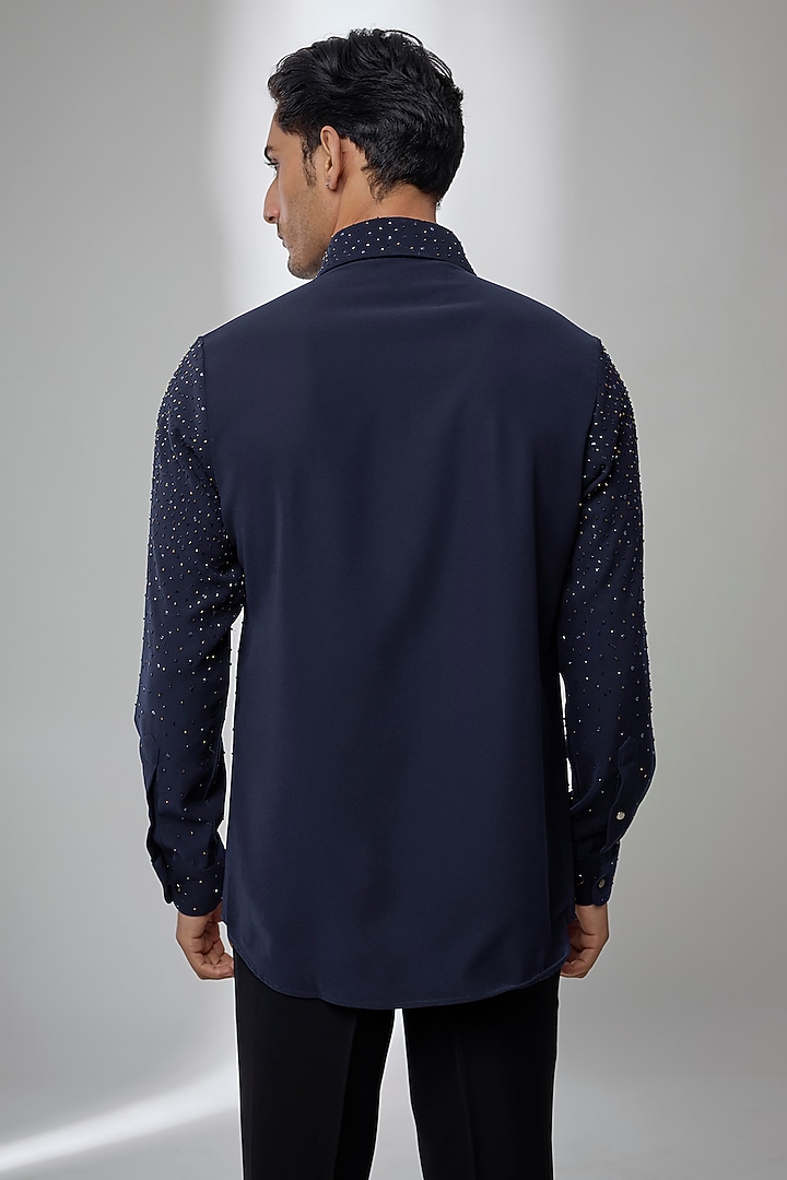 Navy Blue Japanese Fabric Hand Embroidered Wedding Shirt by SALIL BHATIA at Pernia's Pop Up Shop