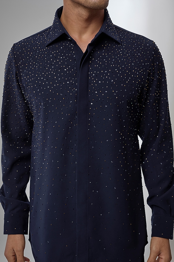 Navy Blue Japanese Fabric Hand Embroidered Wedding Shirt by SALIL BHATIA at Pernia's Pop Up Shop