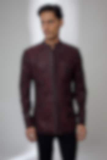 Wine Dola Silk Sequin Embellished Wedding Bandhgala by SALIL BHATIA at Pernia's Pop Up Shop