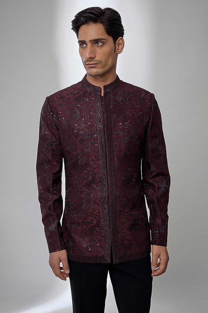 Wine Dola Silk Sequin Embellished Wedding Bandhgala by SALIL BHATIA at Pernia's Pop Up Shop