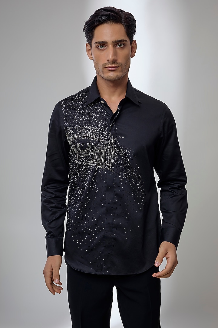 Black Giza Cotton Embellished Party Wear Shirt by SALIL BHATIA at Pernia's Pop Up Shop