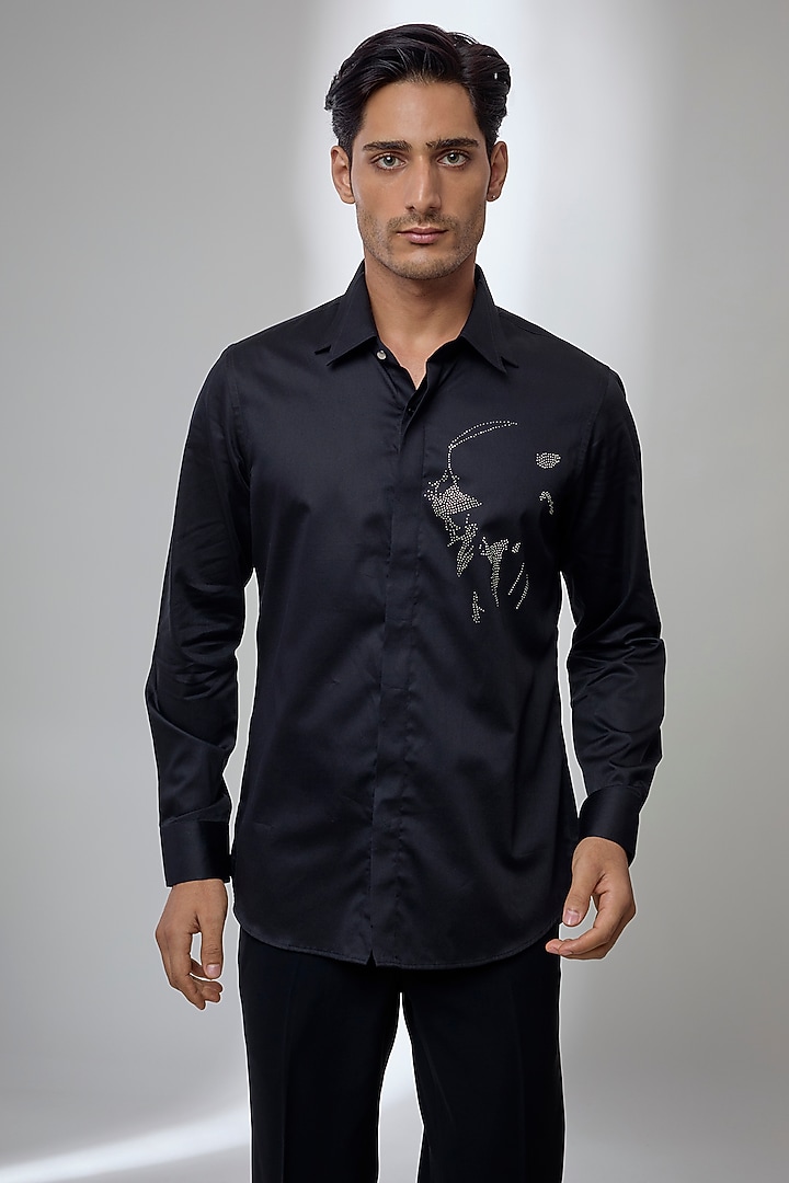 Black Giza Cotton Embellished Party Wear Shirt by SALIL BHATIA at Pernia's Pop Up Shop